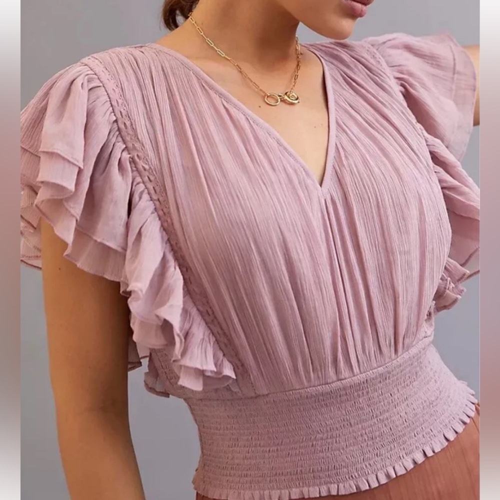 Anthropologie mauve blouse, flutter sleeves, rouched waistband, size S, NWT